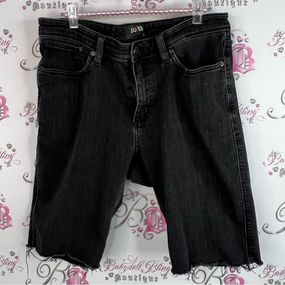 DU/ER shorts L2X Slim fit Black Denim Shorts distressed hem logo patch